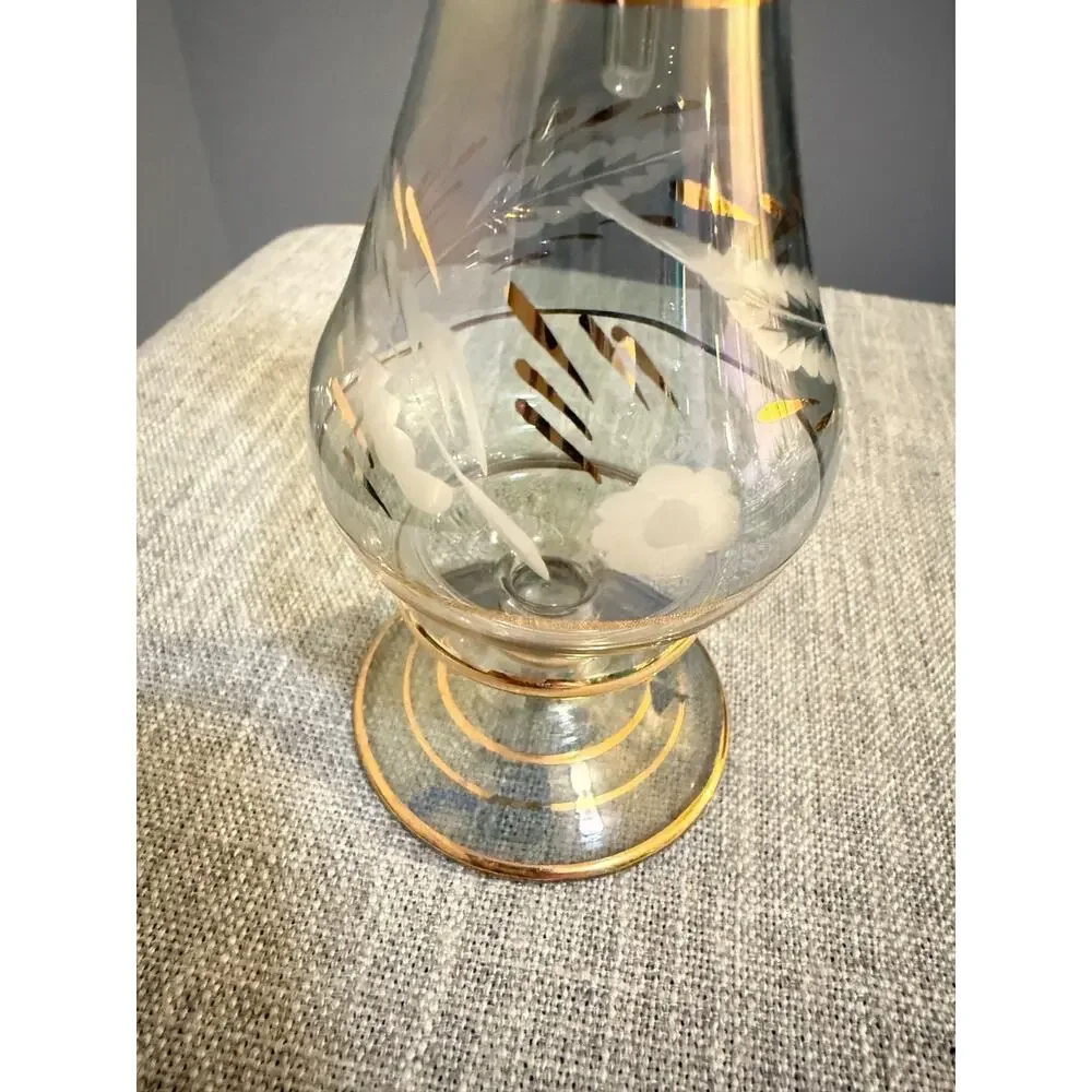 ✨ Vintage Iridescent Glass Bottle w/ Stopper Gold Trim | 9” Tall ✨
